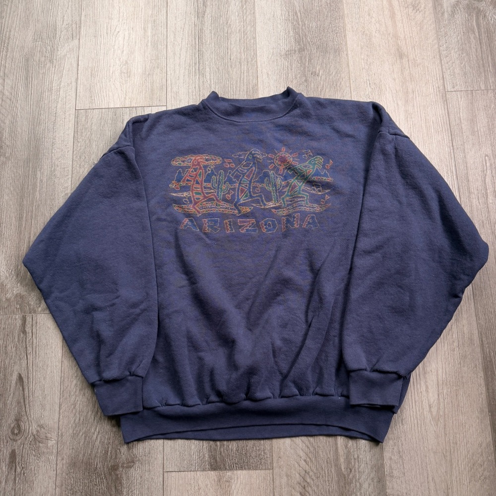 Vintage 90s Tultex XL Navy Arizona Kokopelli Graphic Crewneck Sweatshirt